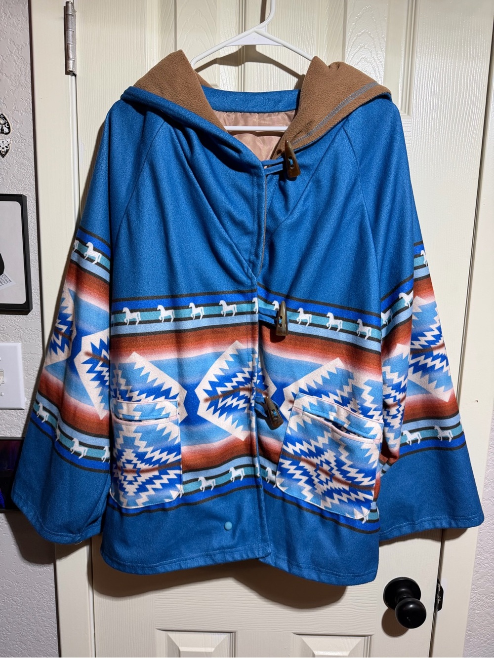 Blue Southwestern-Print Hooded Utility Jacket